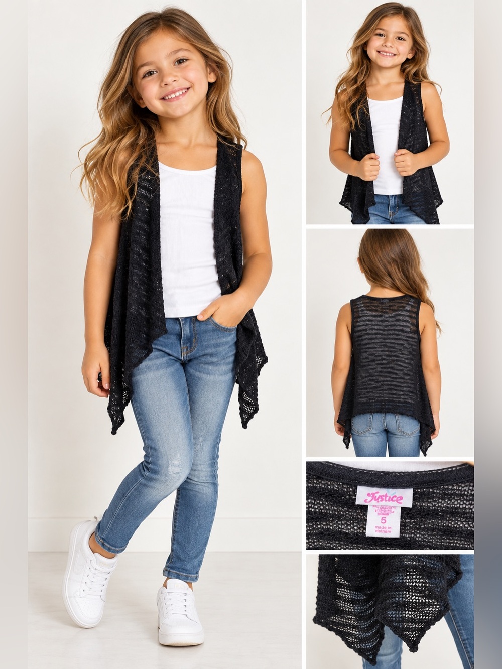 Justice Girls Size 5 Black Open Front Knit Vest Draped Asymmetrical Hem